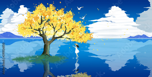 Little girl under the tree, illustration background, illustration rendering