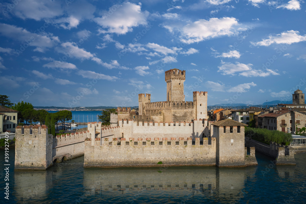 Sirmione Castle, Lake Garda, Italy. Scaligero Castle, early morning top view.
