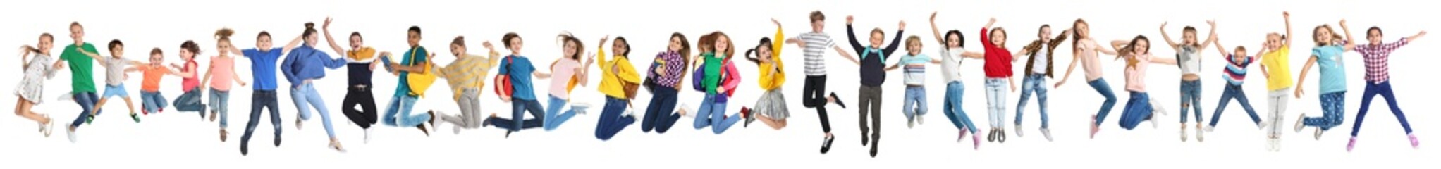 Collage with photos of jumping children on white background. Banner design