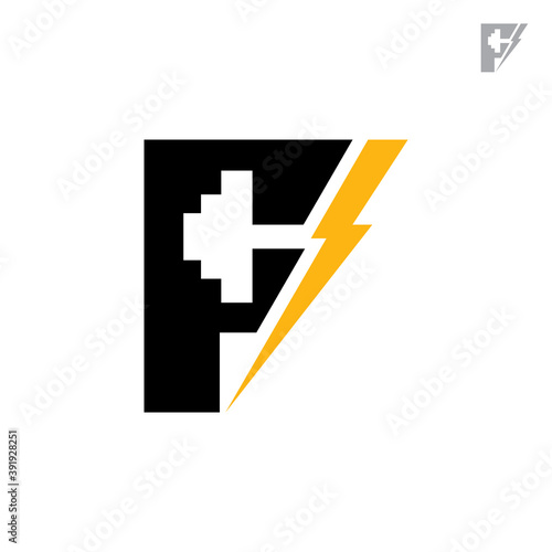 Flash fitness logo, initial letter F with thunder and dumbbell, simple flat logo style, black yellow color on white background
