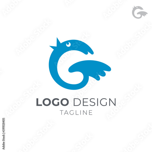 Little bird initial letter G logo concept, simple flat cute animal cartoon logo style, blue color on white background