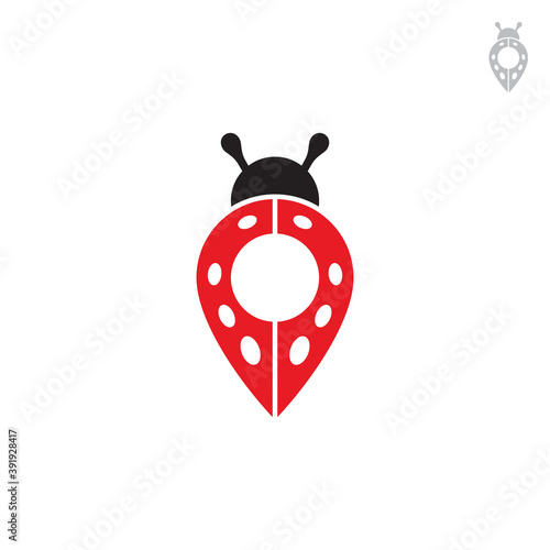 Ladybug pin point logo concept, simple flat logo style, red black color on white background