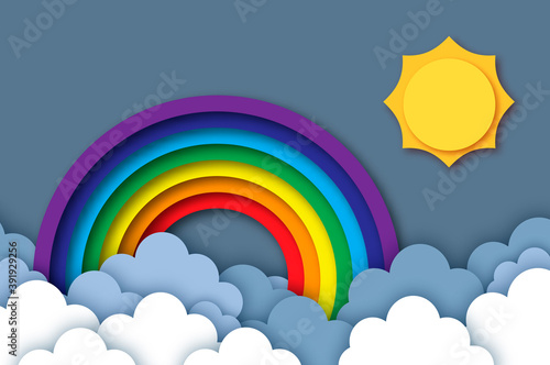 Sun and rainbow. Summer paper cut style. Sky cloud.