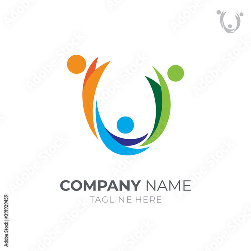 Unity people logo, initial letter U with human shape, simple flat colorful logo style