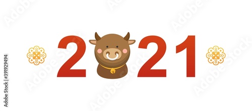 2021 for China and Taiwan, happy new year, retro paper-cut carved flowers and zodiac ox