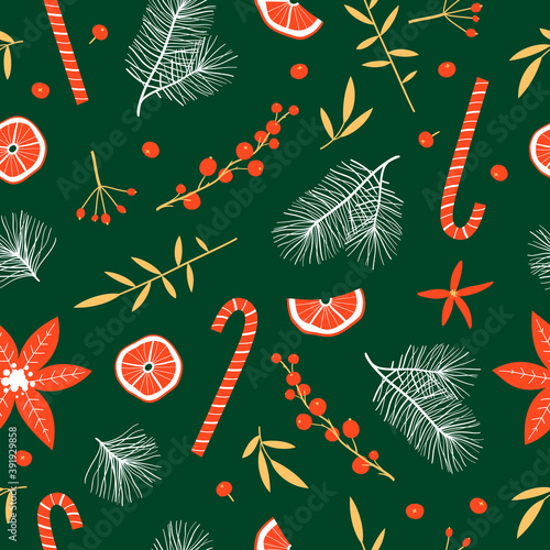 Seamless Christmas pattern with branches and berries