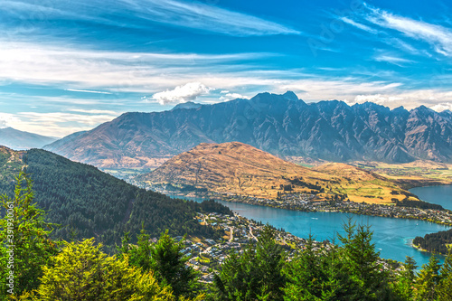 Panorama shot of Queenstown, New Zealand, with beautiful mountains and lakes