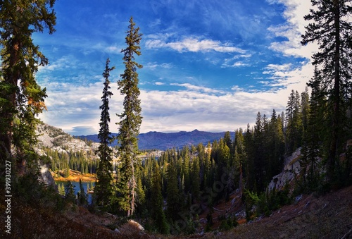 Lake Mary Marth Catherine panorama views from hiking trail to Sunset Peak on the Great Western Trail by Brighton Resort. Rocky Mountains, Wasatch Front, Utah. United States.