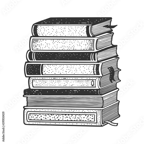 stack of books sketch engraving vector illustration. T-shirt apparel print design. Scratch board imitation. Black and white hand drawn image.