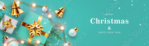 Xmas modern design with 3d realistic golden turquoise gift, pine, golden conical Christmas tree, balls on blue background with falling snow. Christmas greeting card, poster, holiday cover, web banner