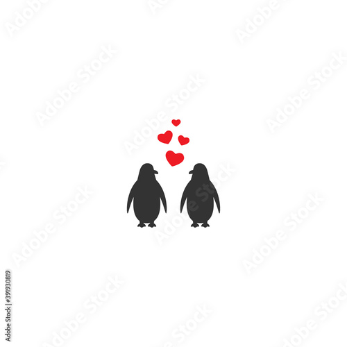 two black penguins with hearts. Love, romantic christmas icon.