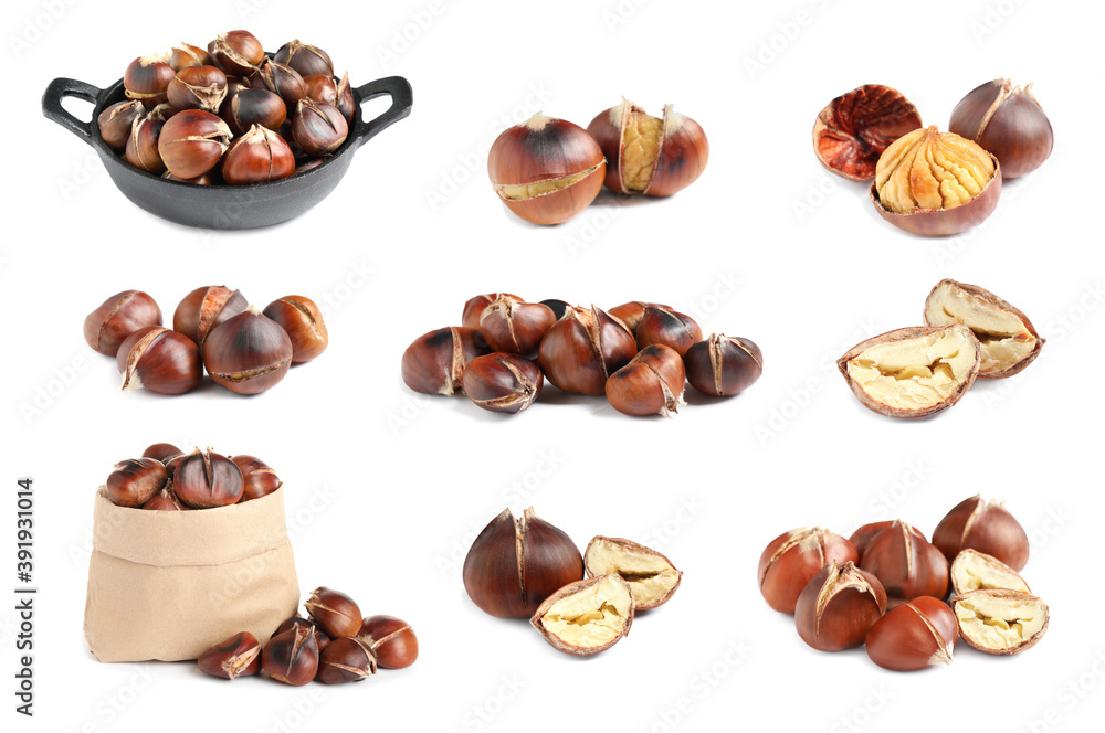 Obraz premium Set of sweet roasted edible chestnuts isolated on white