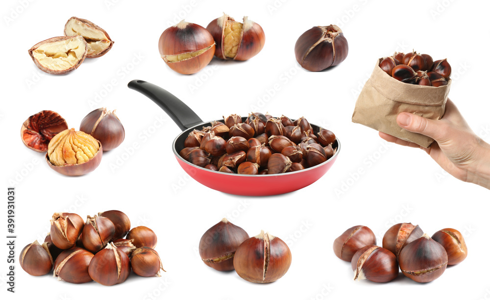 Fototapeta premium Collage with sweet roasted edible chestnuts isolated on white