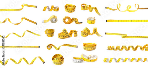 Set of yellow measuring tapes on white background. Banner design