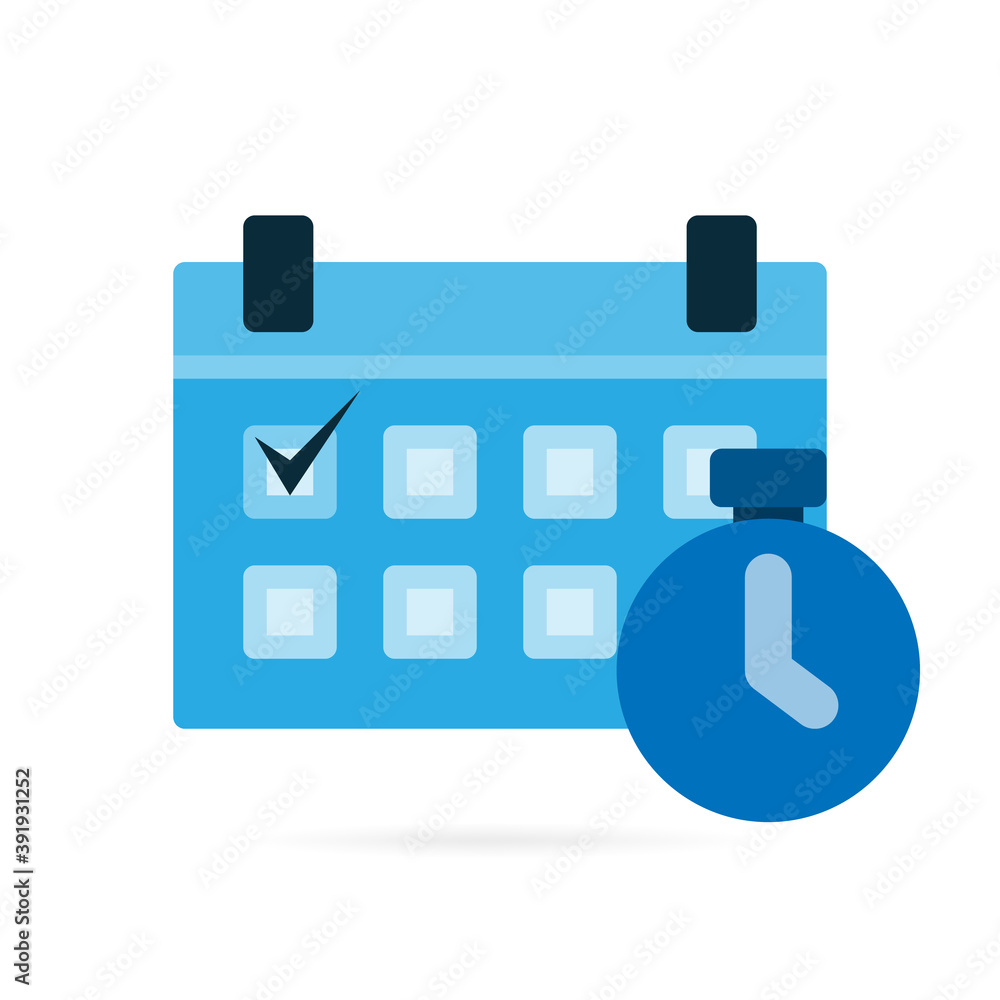 Calendar and clock icon. Symbol for time, event, appointment and meeting pictogram. Blue graphic design symbol on white background. Vector. Calendar and clock icon. Symbol for time, event, appointment and meeting pictogram. Blue graphic design symbol on white background. Vector.