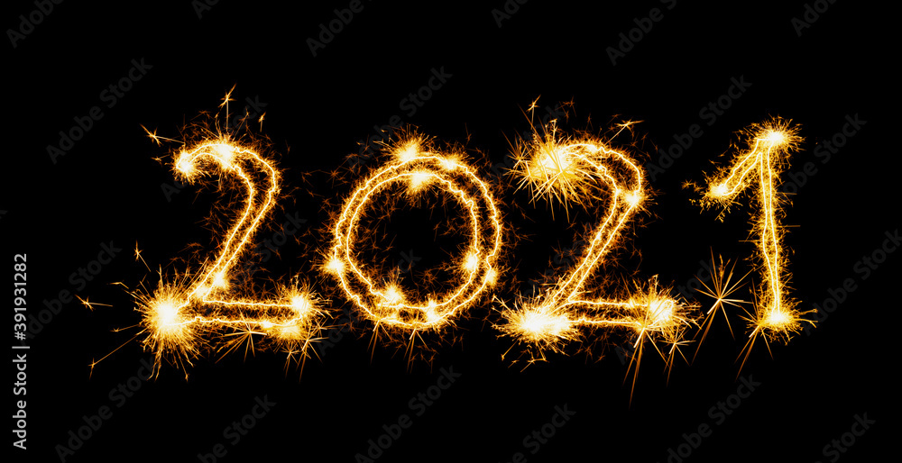 Happy new year card. 2021 silhouettes made of sparkler on black background