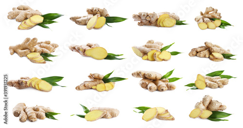 Set of fresh aromatic ginger with green leaves on white background