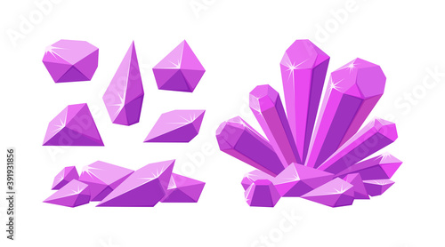 Pink crystal gemstones. Set of ruby crystal prisms and pieces with sparkling facets. Amethyst gems of various shapes. Vector illustration in cartoon style