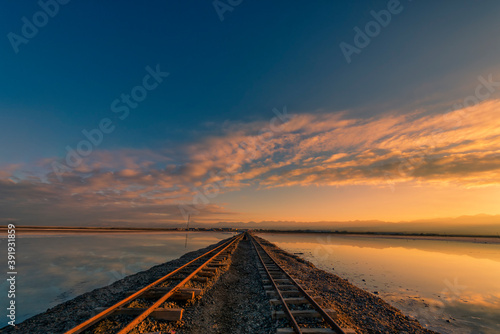 Railroad tracks close-up at dusk