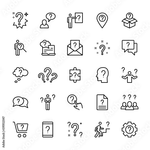 Questions and tasks, ask and think, vector linear icons set. Contains icons such as doubt, difficulty, uncertainty, question mark, and more. Collection of isolated symbols of questions for the web.