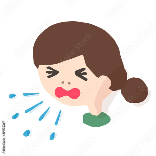 Woman Coughing; Hand drawn vector illustration like woodblock print