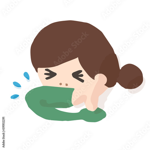 Woman Coughing Into Elbow; Hand drawn vector illustration like woodblock print
