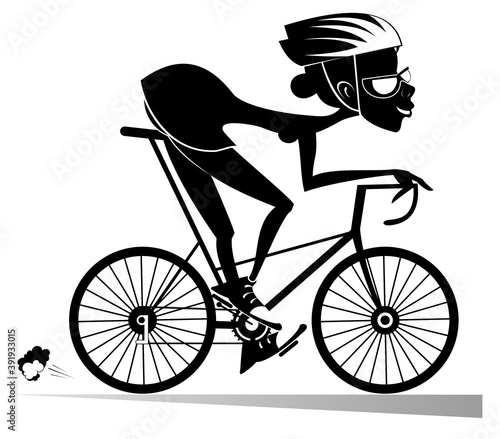 Cartoon woman rides a bike isolated illustration. Smiling woman in helmet rides a bike and looks healthy and happy black on white illustration 