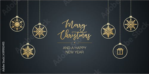 Merry Christmas Weihnachtsdesign für Grußkarten, goldenes Luxus Design mit Schneekristallen als Baumschmuck, Vektor Banner, Wallpaper 