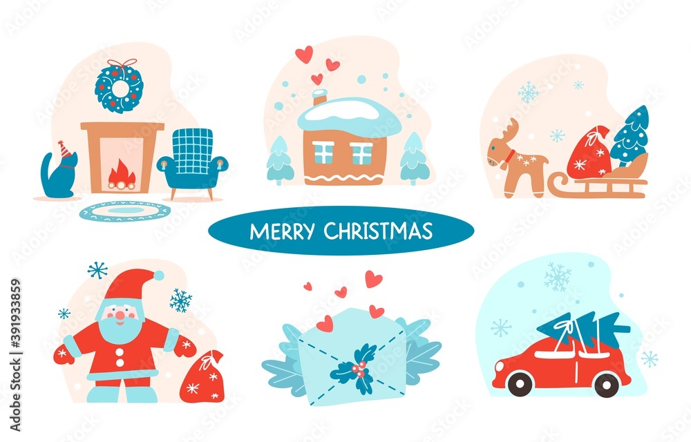 Set of Merry Christmas hand drawing pattern isolated on white background. Vector flat illustration. Hand draw  collection of Christmas winter symbols for banner, greeting card, flyer, stickers