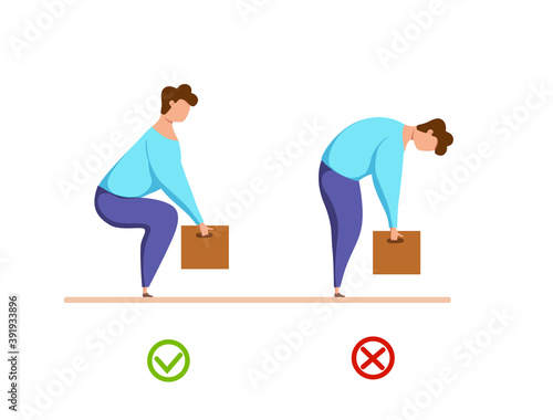Lifting box correct and improper technique vector health care concept.