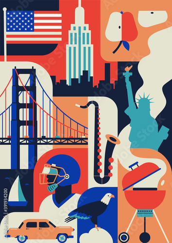 Vector illustration icon set of New York, flat style, color background, poster, collection of american landmarks. Bridge, yacht, car, rugby player, sax, building, flag.