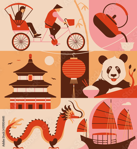 Vector illustration icon set of China. Rickshaw, сhinese tea, temple, lantern, panda, dradon, boat.