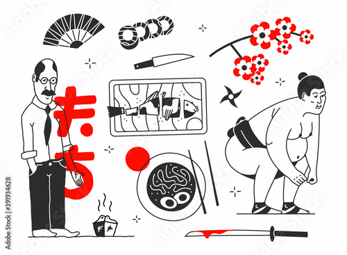 Japan. Vector cartoon illustration of Japanese culture, outline icon set, Asian landmarks, white background. Sushi, sakura, fan, fish, sumo, saber, people.
