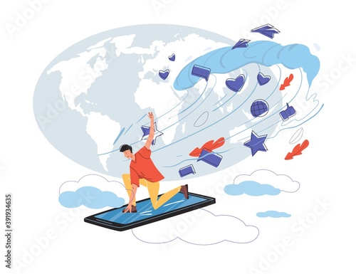 Cartoon flat character surfing internet - global worldwide content,web chat,social media service,online education,messenger communication,freelance remote work concept