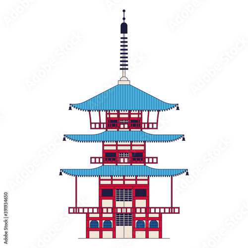 Vector illustration of Japaneese Temple, Chureito pagoda. Outline icon, white background.