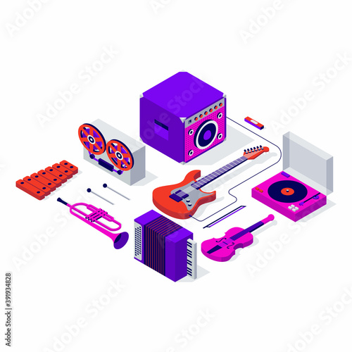 Musical instruments, vector isometric illustration, 3d icon set, white background. Amplifer, reel tape recorder, violin, electric guitar, xylophone, dj mixer, accordion, trumpet, harmonica.