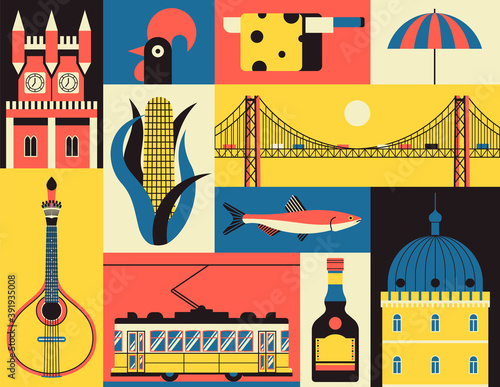Historical symbols of Lisbon, Portugal. Vector icon set in flat style. Portuguese landmark. Guitar, corn, fish, castle, yellow tram, rooster, cheese, beach, liquor, bridge.