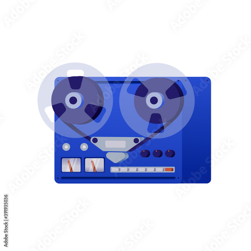 Vintage reel to reel tape recorder. Vector flat Illustration in retro style, white background.