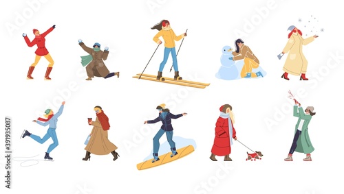 Set of cartoon flat characters doing winter activities,walking outdoor-various sports,poses,emotions,lifestyle concept