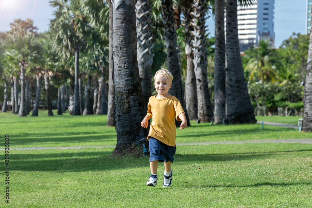 Happy little boy is running across grass field. Happy summer days.