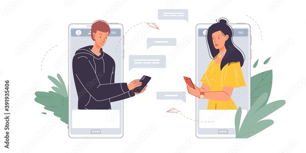 Cartoon flat characters writing messages,texting to each other-online chat,social networking service, communication and friendship concept Cartoon flat characters writing messages,texting to each other-online chat,social networking service, communication and friendship concept