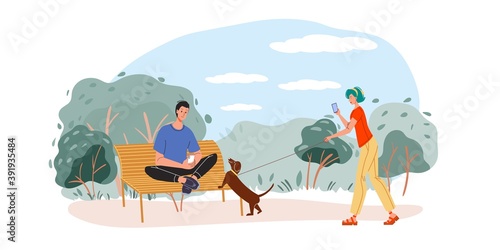 Cartoon flat characters surfing internet outdoor - web chat,social networking service,online education,messenger communication,freelance remote work concept
