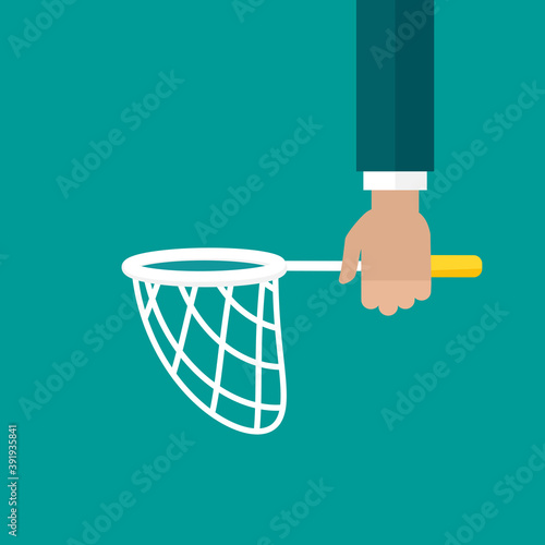 Businessman hand holds butterfly net. Catch, hunt, chase symbol.