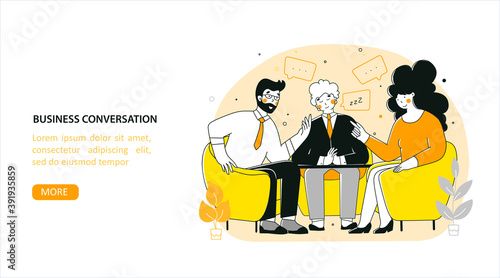 Business negotiation, conversation, flat vector landing page template. Business people talking at table.