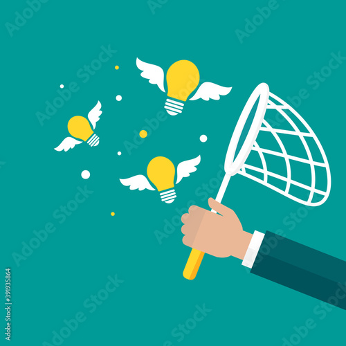 Businessman hand holds butterfly net with flying bulbs. Catch, hunt, chase ideas and solutions symbol.
