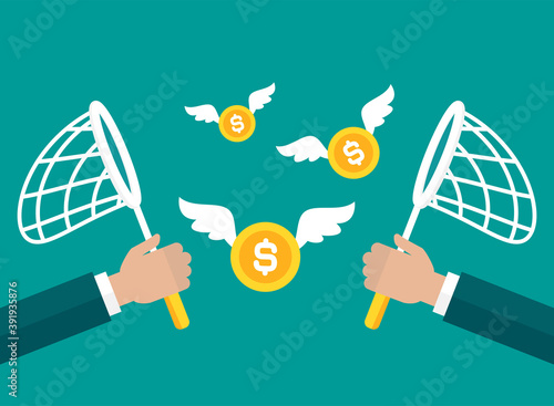 Businessman hands with butterfly net chase gold dollar coins. Competition, marketing concept.