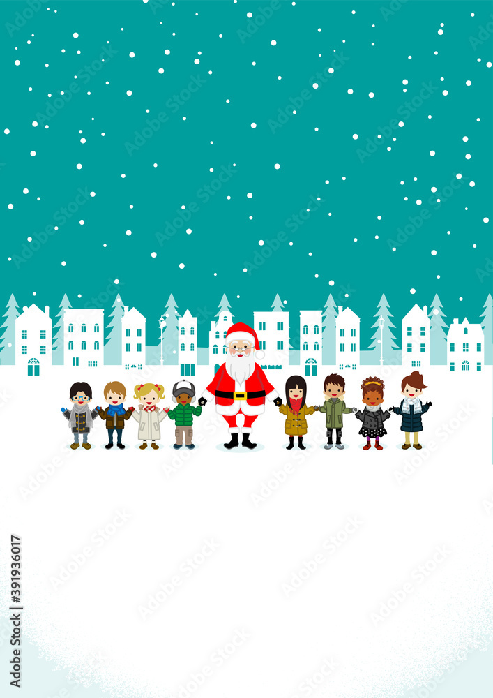 Santa claus and multi-ethnic children, vertical - Christmas design template, snowing town background