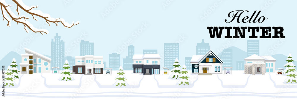 Winter suburb townscape, banner ratio - Included words 