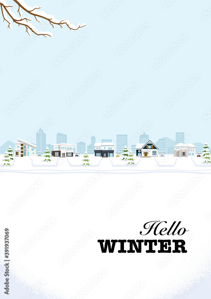 Winter suburb townscape, vertical - Included words 
