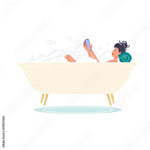 Cartoon flat character surfing internet indoor at home interior - web chat,social networking service,online education,messenger communication,freelance remote work concept